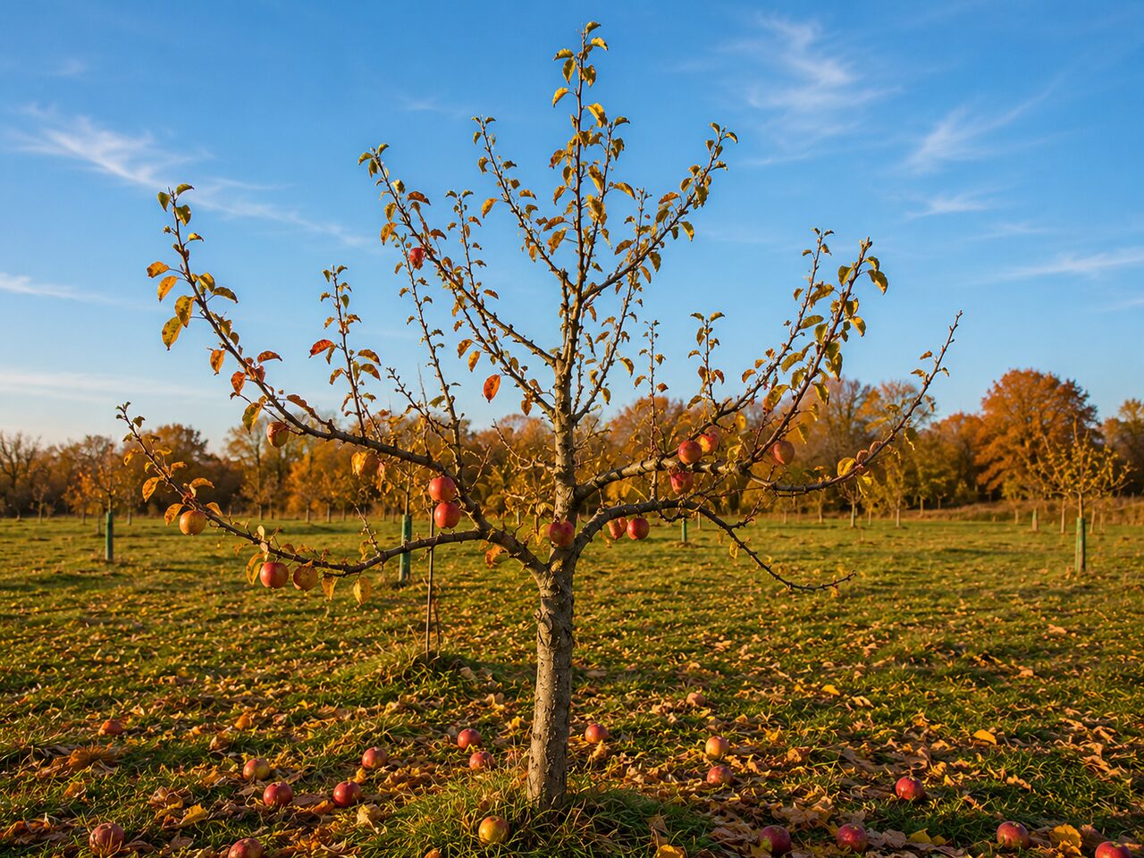 Apfelbaum im Herbst mit buntem Laub und Fallobst