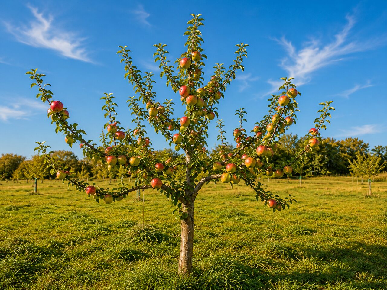 Apfelbaum mit Blättern und Äpfeln im Sommer