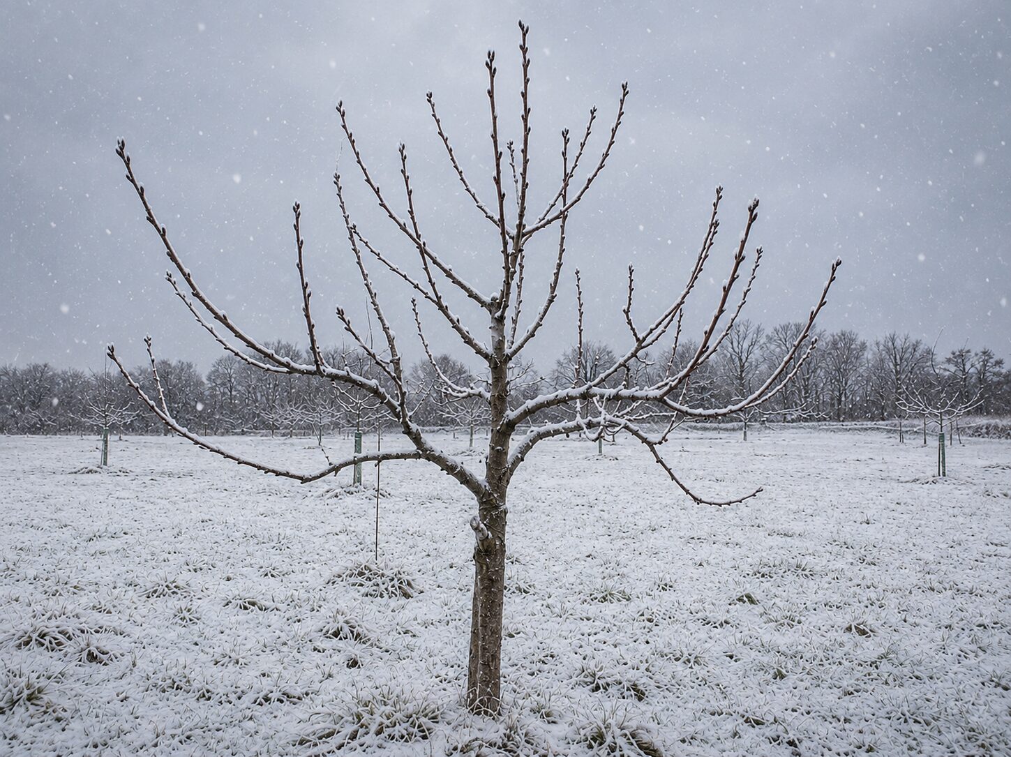 Apfelbaum im Winter, kahl im Schnee