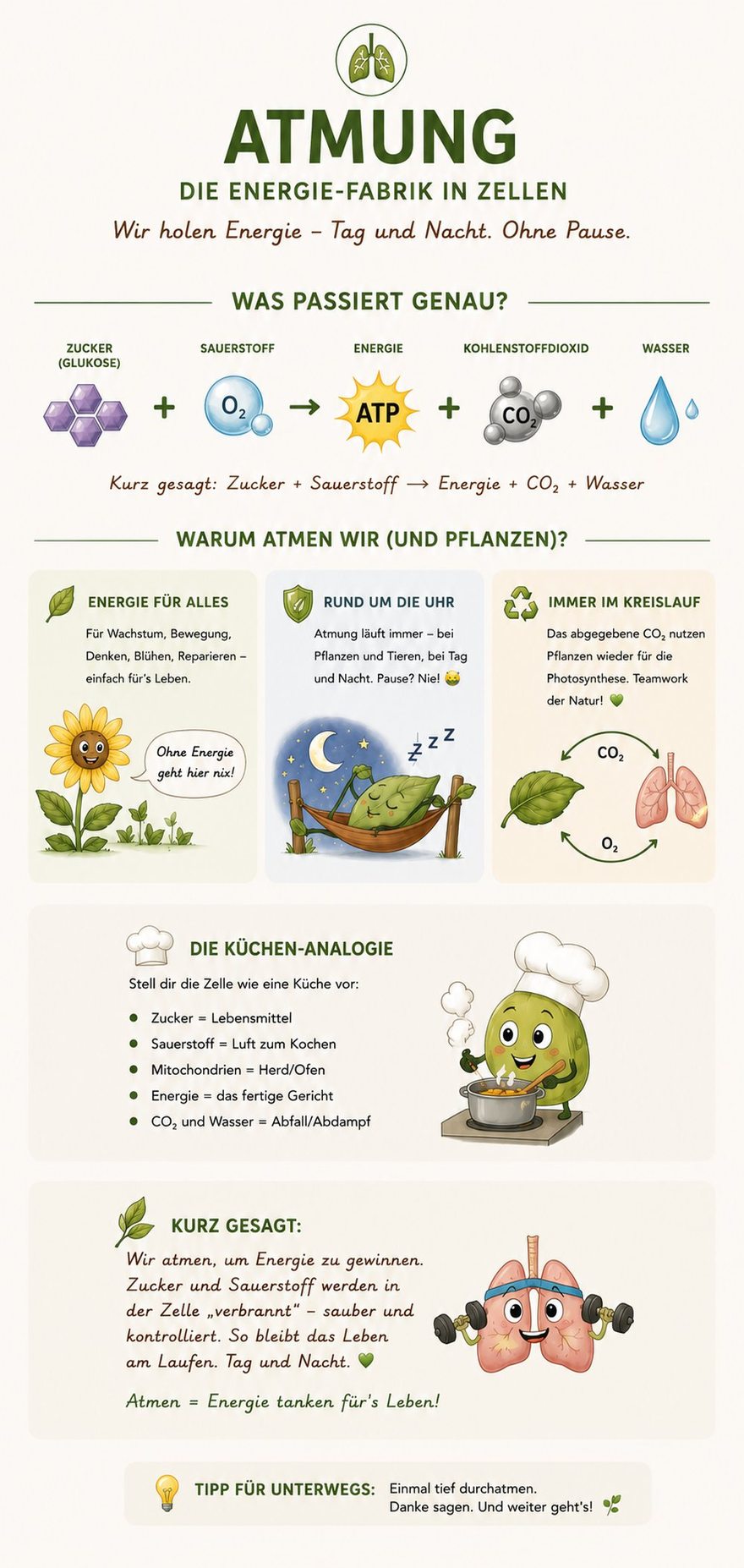 Atmung im Detail: Was passiert genau? – Warum atmen wir und Pflanzen? – die Küchen-Analogie und das Wichtigste in Kürze.