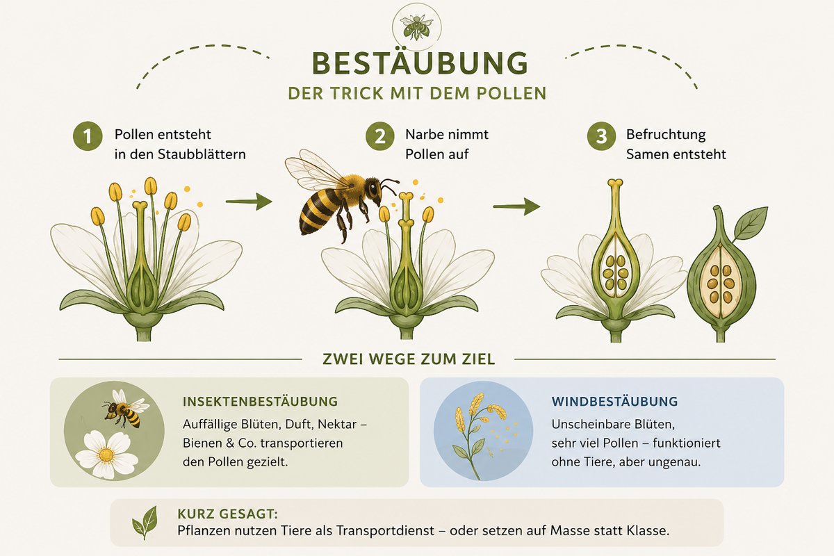 Bestäubung – der Trick mit dem Pollen: vom Staubblatt über die Biene zur Befruchtung; Insektenbestäubung vs. Windbestäubung.