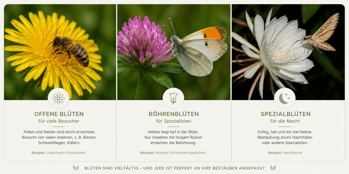 Blütenökologie: drei Blütenformen mit ihren Bestäubern – Löwenzahn mit Biene, Rotklee mit Schmetterling, Nachtkerze mit Nachtfalter.