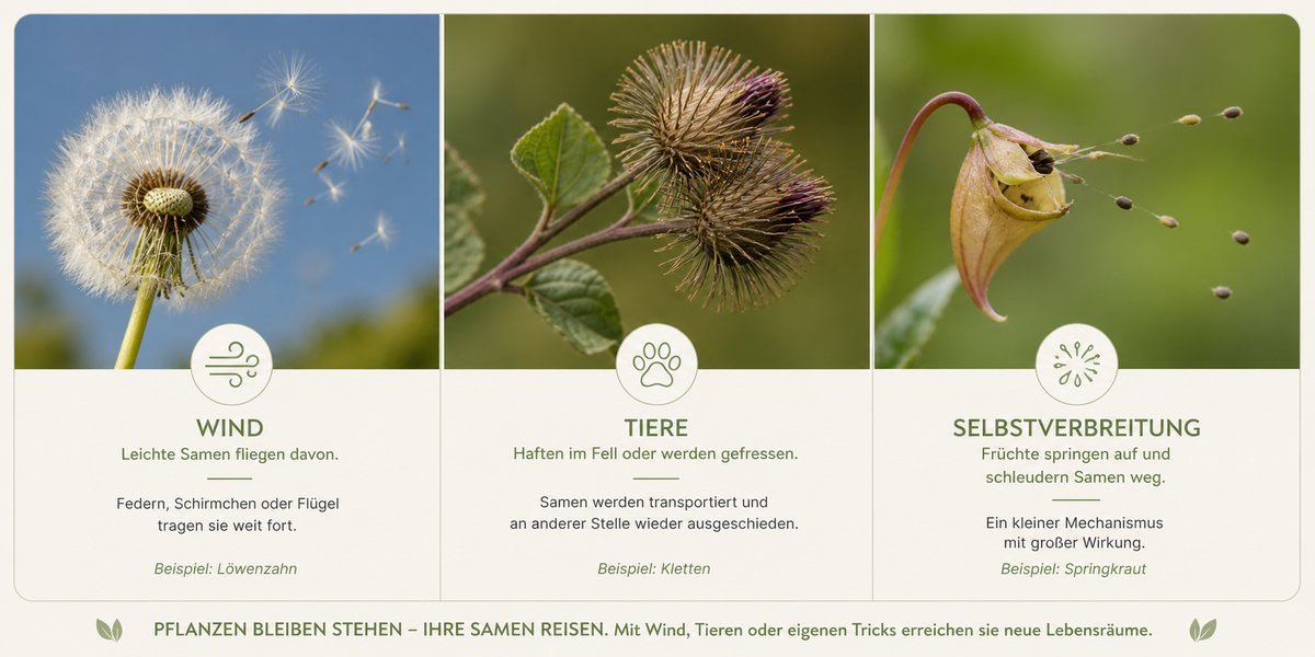 Samenverbreitung: drei Wege – Löwenzahn mit Flugschirmchen (Wind), Kletten (Tiere), Springkraut mit aufspringender Frucht (Selbstverbreitung).